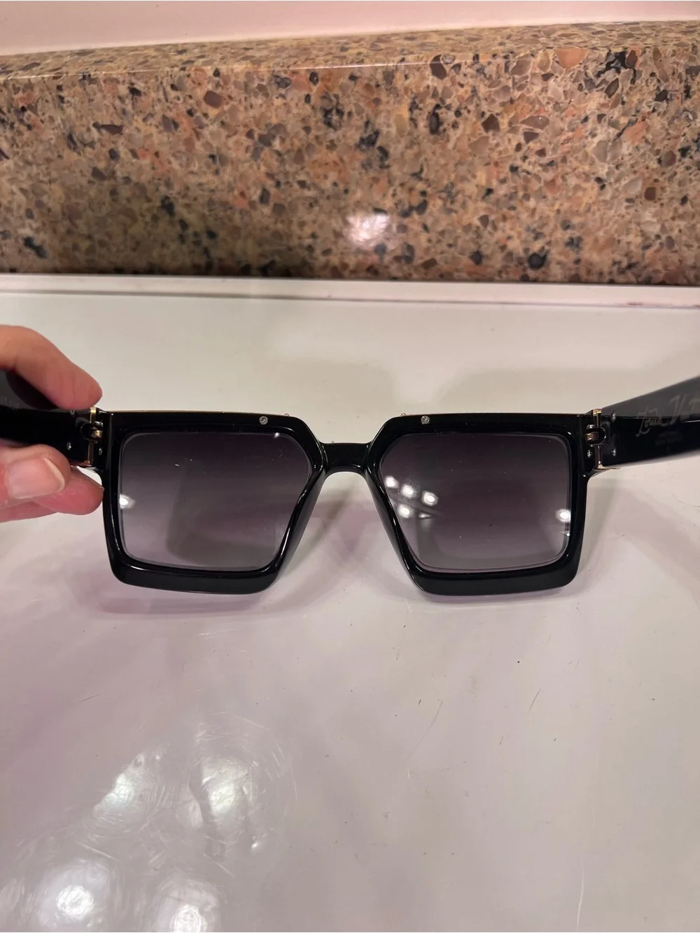 Unisex Louis Vuitton Eyeglasses Black Frame with Gold Accent Chain Detail